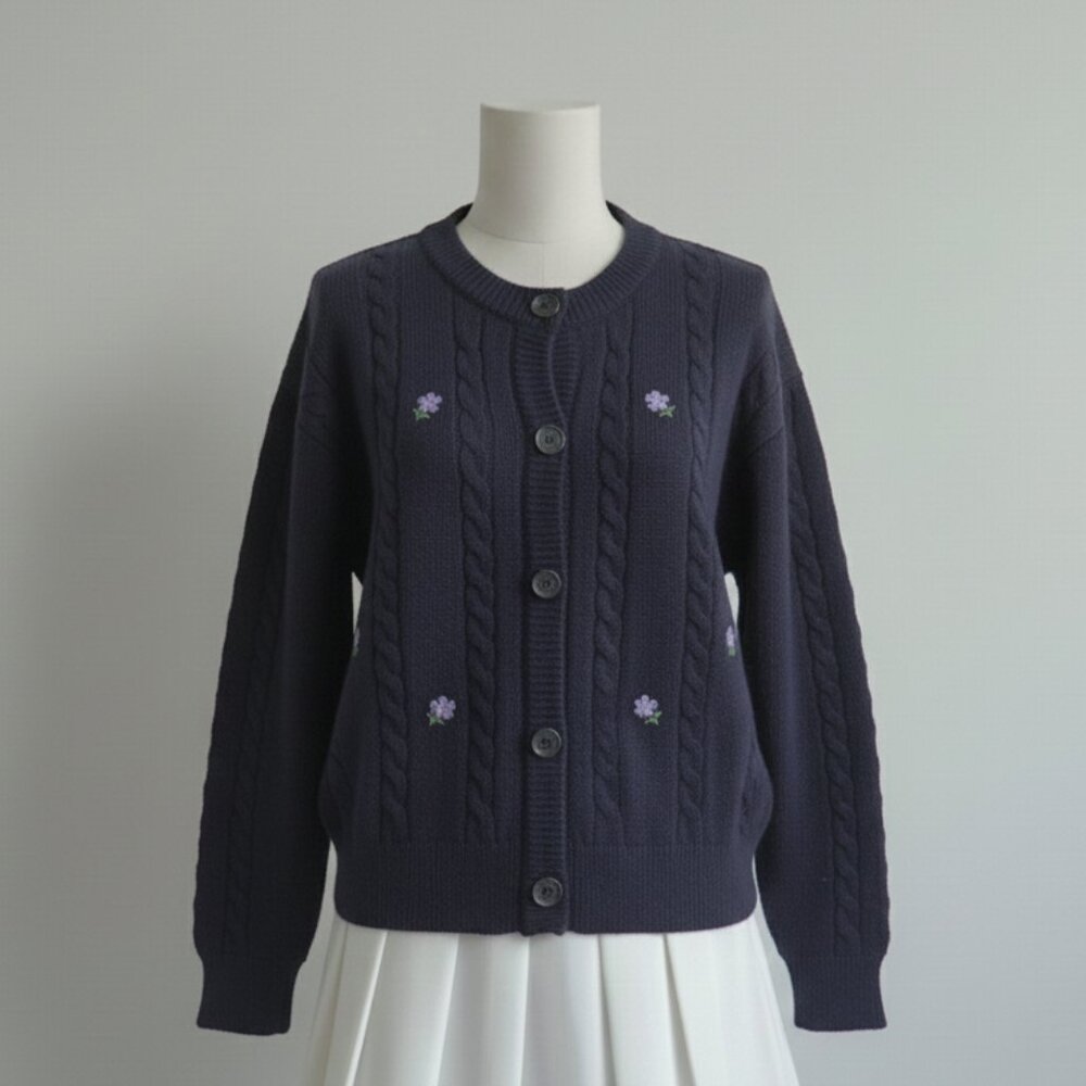 Navy Cable Knit Cardigan with Embroidered Flowers